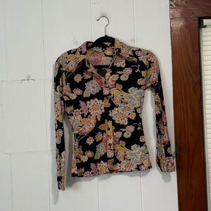 Vintage 70’s Huk A Poo Floral Button Down Nylon Blouse Size XS